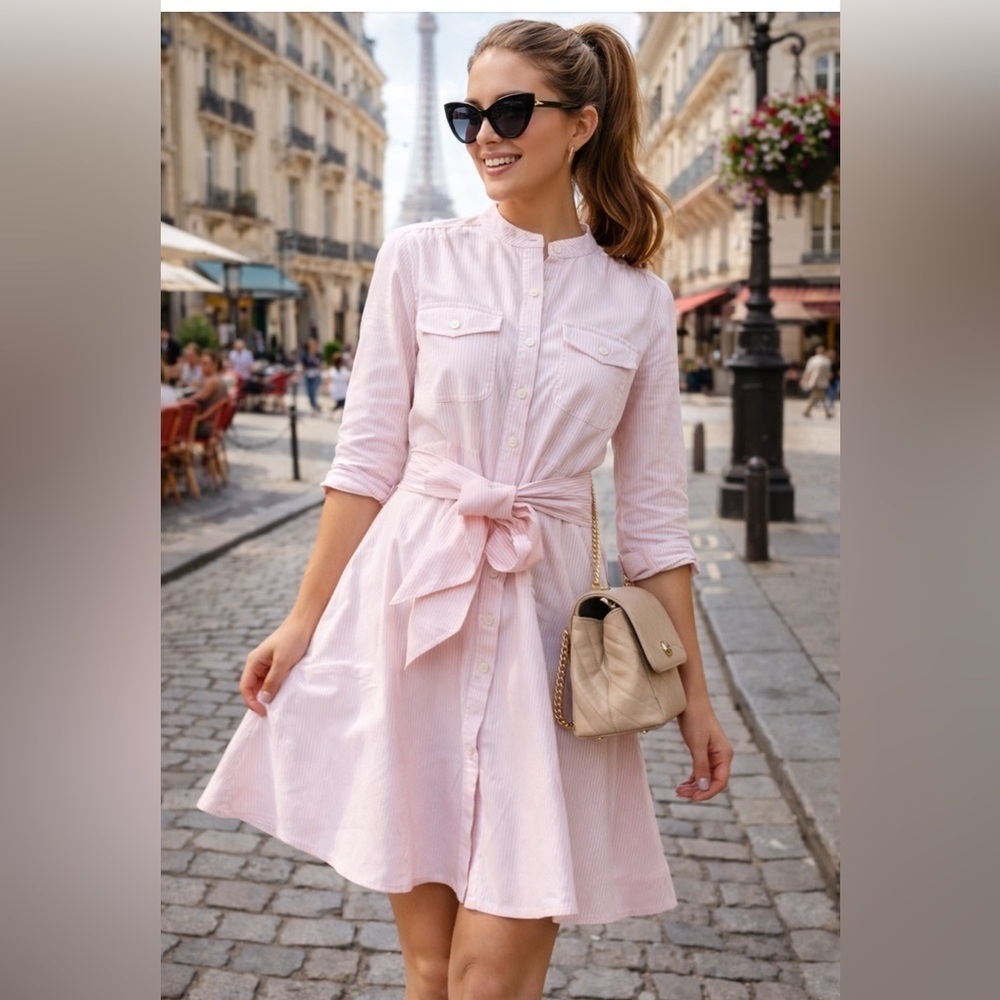 J.Crew Pink White Pin Stripe Long sleeve Shirt Dress bow tie belt size 6p